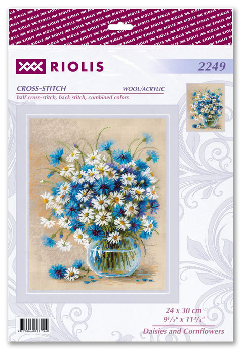 Kryželių siuvinėjimo rinkinys Riolis, 24×30 cm, gėlės — baltos ramunės ir mėlyni mėlynomis žiedynėmis vazoje