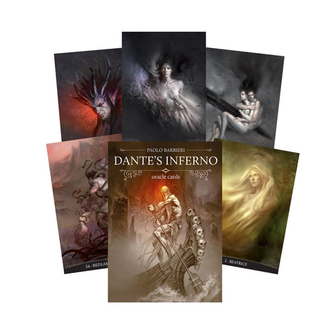 Orakulo kortos Dante's Inferno, Paolo Barbieri viršelis ir penkios pavyzdinės kortos fanuotos, tamsios fantastinės iliustracijos