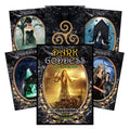 Orakulų kortos Dark Goddess komplektas su juoda auksine dėkle, matomas dėžutės viršelis ir keturios skirtingos deivių kortos