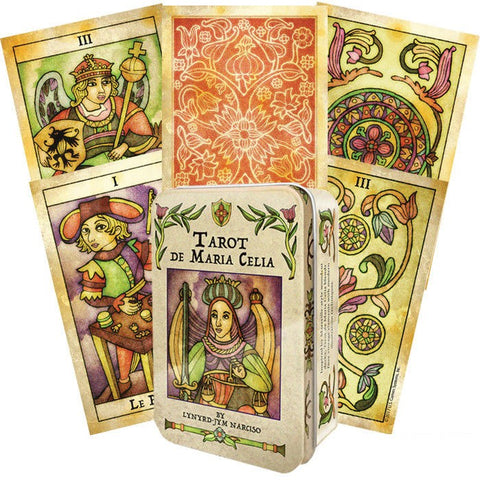 Tarot kortos Tarot de Maria Celia metalinėje dėžutėje su spalvotomis iliustruotomis kortomis, išskleistas komplektas