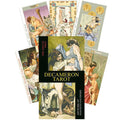 Tarot kortos Decameron su erotinėmis renesanso stiliaus iliustracijomis, komplekte dėžutė ir keli atviri kortų pavyzdžiai