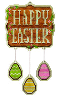 Rankų darbo medinė Velykų dekoracija „Happy Easter“ su karoliukais; rūšiuojama, pilnas priekinis vaizdas su trimis kabančiais kiaušiniais (žalias, geltonas, rožinis)