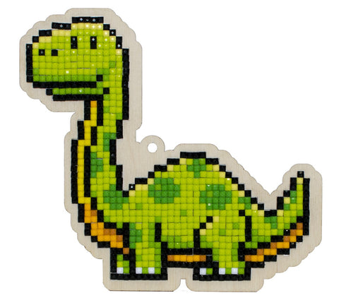 Pakabukas dinozauras medinis su žalia deimantine mozaika priekyje ir įgręžta kilpa kabinimui