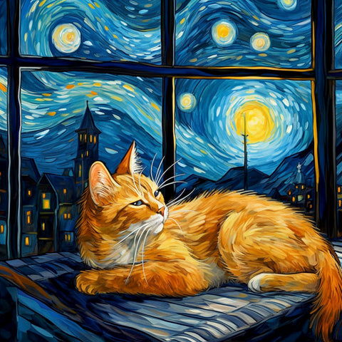 Drobė su oranžiniu katinu ant palangės priešais žvaigždėtą nakties peizažą Van Gogho stiliaus