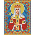 siuvinėjimo rinkinys ikonos Šventoji Elena su ryškiomis raudonomis, mėlynomis ir auksinėmis detalėmis bei ornamentuotu rėmu