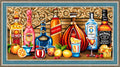 sieninis paveikslas spalvingas baro motyvas su įvairių spiritų buteliais, citrinomis ir mėlynu rėmu, 60×40 cm