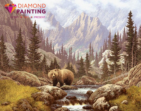 Deimantinė tapyba Diamond Painting, kalnų peizažas su lokiu prie upelio, pilnas 50×40 cm rinkinys