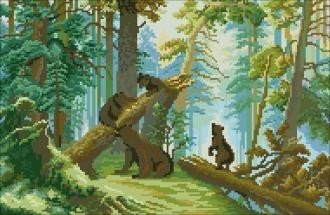 Paveikslas: pikselių stiliaus miško scena su dviem lokiais ant nuvirtusio medžio, retro žalių ir smėlio tonų drobė 40×60 cm, vaikų kambariui