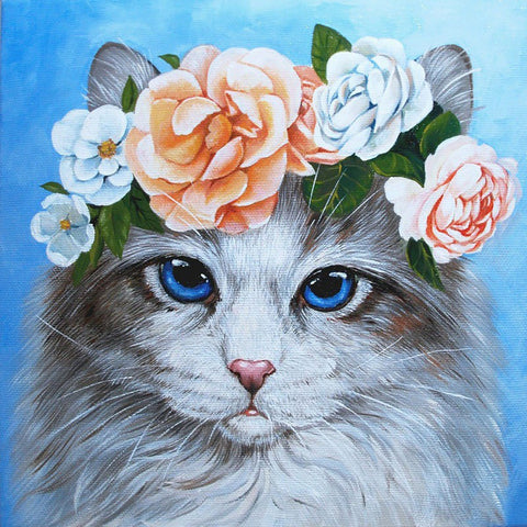 Wizardi: Deimantinis paveikslas Blue - Eyed Cat in Flowers 38x38 WD2464 - HOBI.LT 🇱🇹