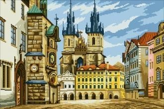 kryželių rinkinys senamiesčio panoramai pikseliniu stiliumi, 40×50 cm, šiltų okerinių ir mėlynų tonų variantas