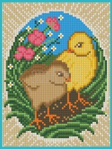 Deimantinė mozaika viščiukai 30×40 cm, ryškūs geltoni ir rudi viščiukai tarp žalių lapų ir rožinių gėlių