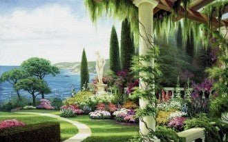 sieninis paveikslas akvarelinis kraštovaizdis: terasa su marmuriniu stulpeliu, gaivios žalių ir rožinių tonų, 60×90 cm