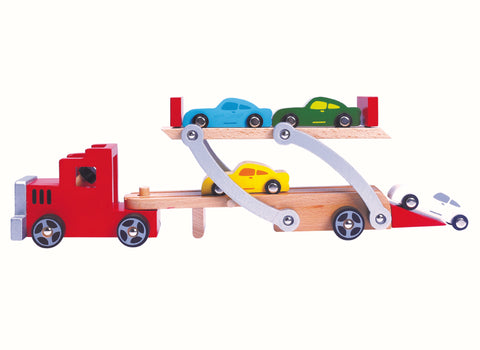 Bino medinis autovežis su 4 automobiliais – 9 dalių žaislas vaikams 3+, 37,5×8,5×13,5 cm