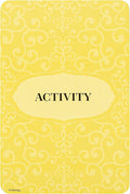 kortelė Activity geltoname ornamentiniame fone, nugarinė pusė žaidimų rinkinio, skirta veiklos užduočių žymėjimui