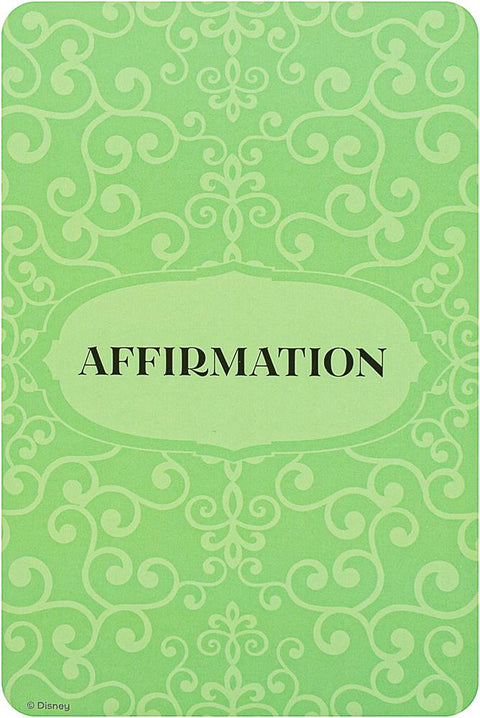 Affirmacijos kortelė Disney, žalia ornamentuota nugarėlė su centriniu etiketės užrašu AFFIRMATION