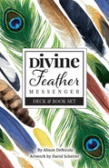 Orakulo kortų rinkinys Divine Feather Messenger su spalvotomis plunksnų iliustracijomis ant viršelio ir pridedama knygute