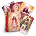 Orakulo kortų rinkinys The Divine Feminine, 53 kortos su giduku, raudonos–auksinės dieviškos moters iliustracijos ir atversta dėžutė su fanu