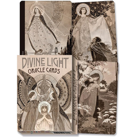 Orakulinės kortos Divine Light – sepijos tonų dėžutė ir atviros kortos su vintage angelų iliustracijomis
