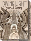 Orakulo kortos Divine Light, sepijos spalvos dėžutė su angelų iliustracija, priekinis kampas galerijos prekei