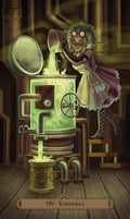 Tarot korta Temperance, steampunk stiliaus iliustracija su žaliu alcheminiu skysčiu, elfė pila mišinį ant katilo