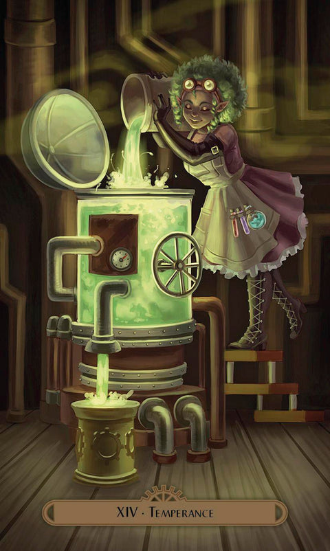 Tarot korta Temperance, steampunk stiliaus iliustracija su žaliu alcheminiu skysčiu, elfė pila mišinį ant katilo