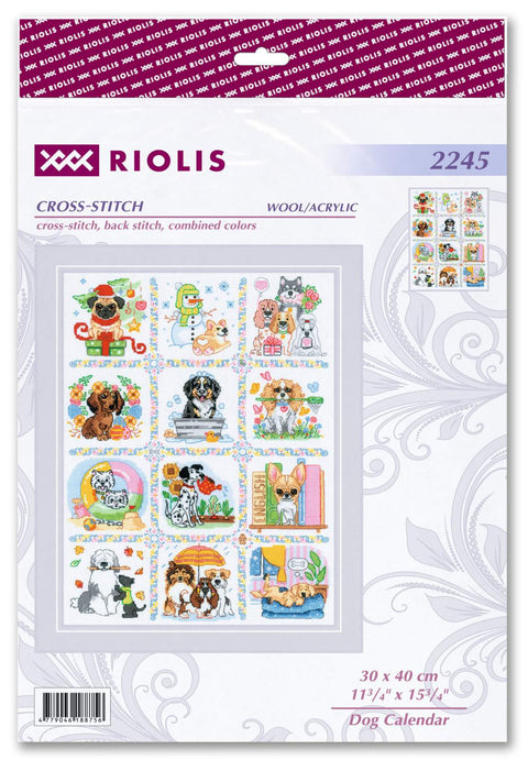 Kryželių siuvinėjimo rinkinys Riolis — Dog Calendar su 12 spalvotų šuniukų skydelių, 30×40 cm