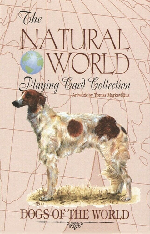 Kortų rinkinys Dogs of the World su spanielio iliustracija ant viršelio ir pasaulio žemėlapio fone