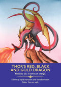 Orakulų korta Thor's Red, Black and Gold Dragon: raudonas‑juodas‑auksinis drakonas ant uolos siunčia apsaugos ir pokyčių žinutę