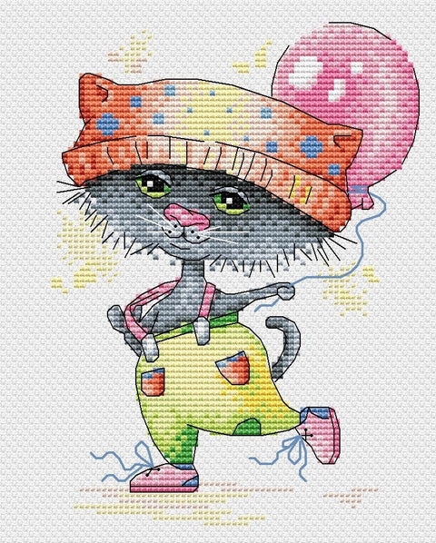 Kryželiu siuvinėjimo rinkinys su pilku katinu, oranžine kepure ir rožiniu balionu, ryški vaikų kolekcijos versija