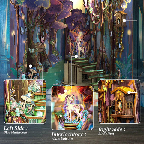 Medinė knygų atrama su LED – Miško skaitymo kampelis, surenkamas rinkinys