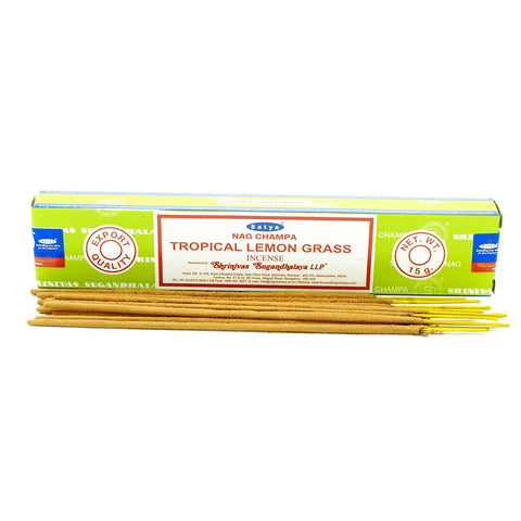 Smilkalai Nag Champa Tropical Lemon Grass, Satya pakuotėje su keliais išdėstytais lazdelėmis priekinis vaizdas, 15 g variantas
