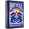 Bicycle Dragon Back žaidimo kortos, mėlyna drakono dizaino dėžutė su ornamentu, rodomas priekinis šonas pasvirusiu kampu