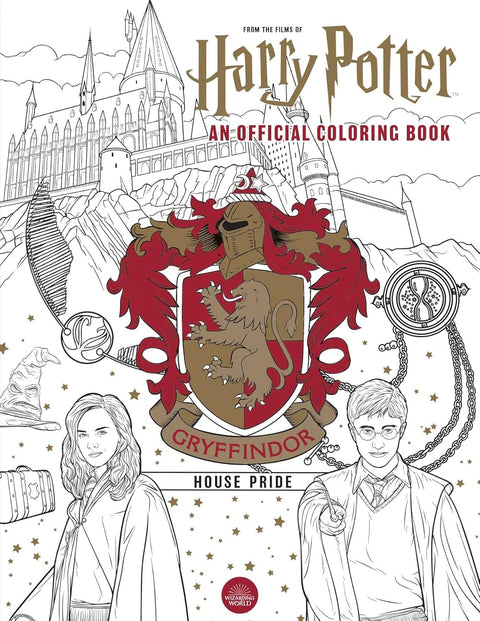 Harry Potter spalvinimo knyga — Gryffindor viršelis su raudonai auksiniu skydu, Hogvartso fonu ir personažais