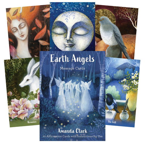 Earth Angels kortų rinkinys Amanda Clark — 70 afirmacijų kortelių su mėlynu angelų viršeliu ir iliustracijomis