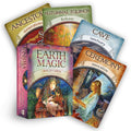 Earth Magic oracle kortų rinkinys Steven D. Farmer su spalvota dėže ir penkiomis pavyzdinėmis kortomis – Ceremony, Cave, Autumnal Equinox, Ancestors