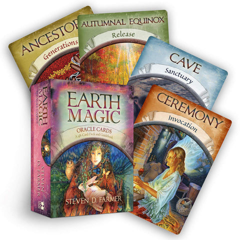 Earth Magic oracle kortų rinkinys Steven D. Farmer su spalvota dėže ir penkiomis pavyzdinėmis kortomis – Ceremony, Cave, Autumnal Equinox, Ancestors