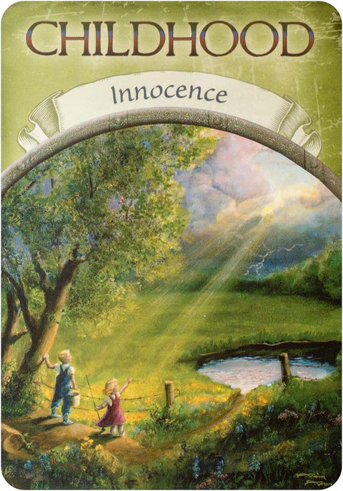 Kortelė Childhood (Innocence) — iliustracija su dviem vaikais prie tvenkinio saulės spinduliuose, žalia spalva