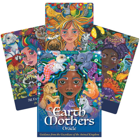 Earth Mothers orakulas kortų rinkinys (Lynda Bell), ryškus priekinis viršelis ir atverstos kontrastingos kortos