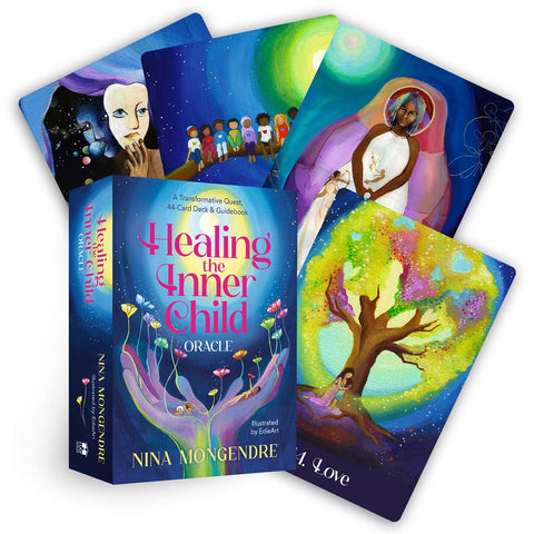 Orakulų kortos Healing the Inner Child, Nina Mongendre — 44 kortų rinkinys su giduku, ryškiomis iliustracijomis, dėžute ir keliomis išskleistomis kortomis