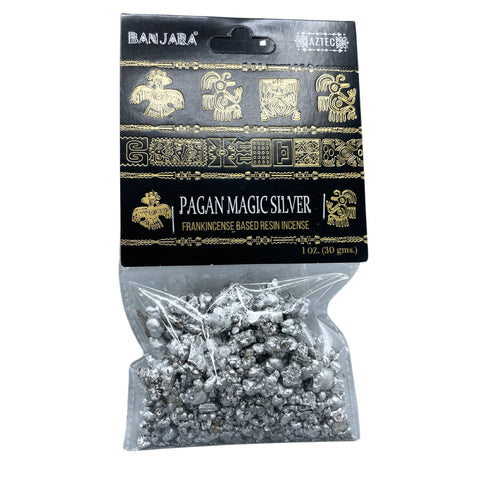 Smilkalai Pagan Magic Silver Banjara, 30 g pakuotė, priekinė etiketė ir sidabru apdengti frankincenso dervos gabalėliai