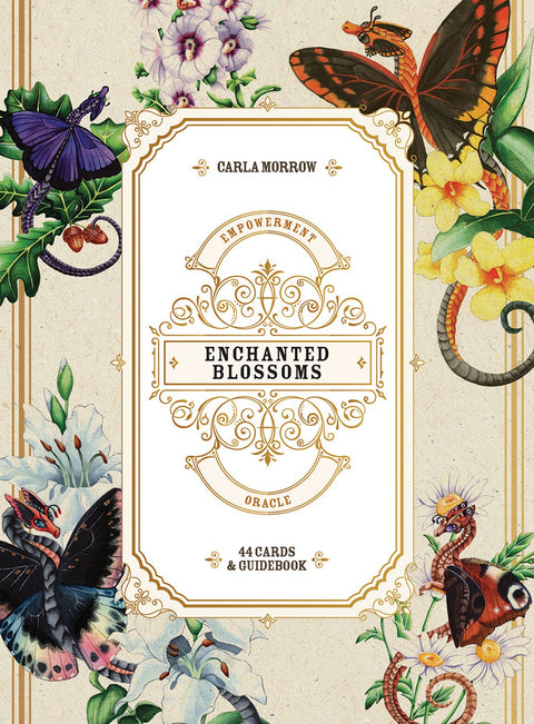 Enchanted Blossoms oracle kortų rinkinys Carla Morrow, 44 kortos ir vadovas, aukso ornamentuotas gėlių iliustruotas viršelis