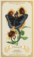Plakatas Appreciation portreto formatu su saulėgrąžomis ir tamsiai mėlynu Diana fritillary drugeliu, 30×60 cm