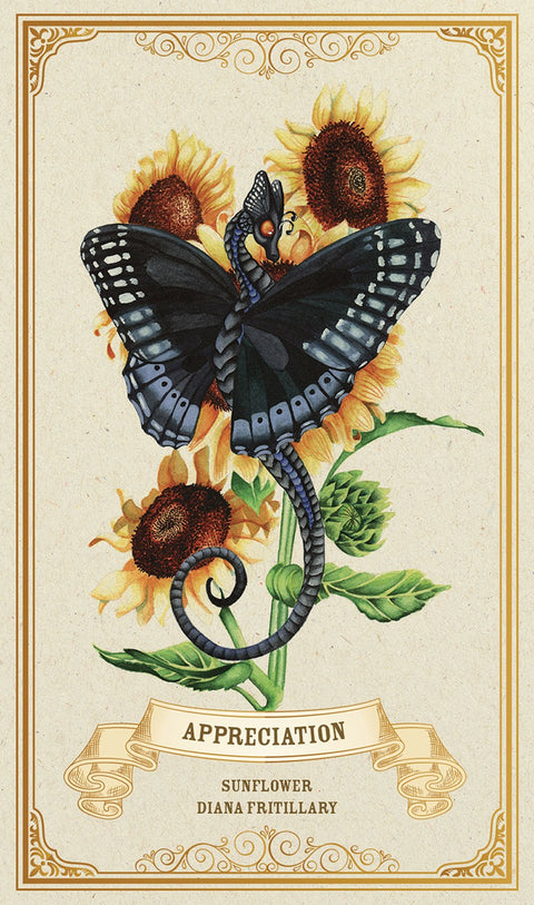 Plakatas Appreciation portreto formatu su saulėgrąžomis ir tamsiai mėlynu Diana fritillary drugeliu, 30×60 cm