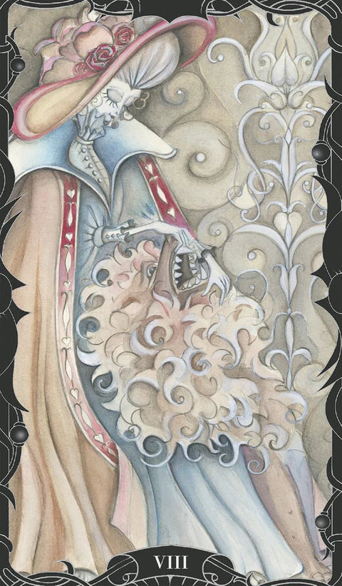 tarot korta VIII Stiprybė pastelinė iliustracija moters raminančios garbanotą liūtą, aukštos kokybės spauda