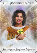 Angelų korta Arkangelo Zadkiel su geltonomis gėlėmis ir auksiniu spindinčiu fonu, skirta savęs priėmimui