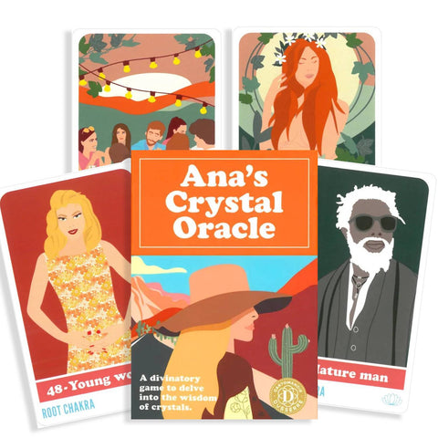 Ana's Crystal Oracle kortų rinkinys oranžinėje dėžutėje su spalvingomis iliustruotomis kortomis — komplektas divinacijai ir kristalų praktikai