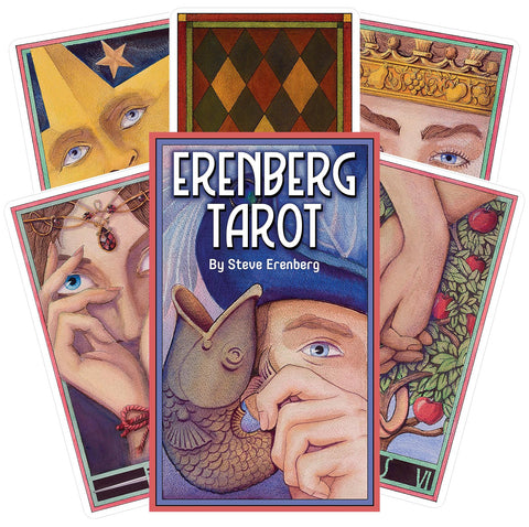 Erenberg Tarot kortų rinkinys su spalvingu mėlynu viršeliu ir keliomis išskleistomis iliustruotomis kortomis