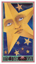 tarot korta The Star (XVII), geltona veido formos žvaigždė tamsiai mėlyname fone, vertikalus variantas su mažuoju NSO apačioje
