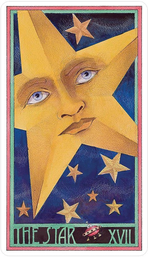 tarot korta The Star (XVII), geltona veido formos žvaigždė tamsiai mėlyname fone, vertikalus variantas su mažuoju NSO apačioje