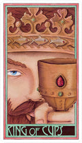 Tarot korta King of Cups, rudos taurės ir karaliaus profilio artimi detalūs piešiniai, dekoratyvinis variantas
